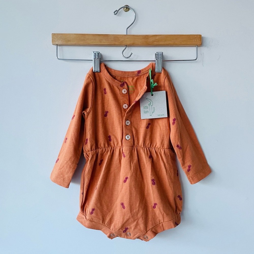 Kate Quinn organic cotton Little Liam playsuit terracotta romper pineapples NWT